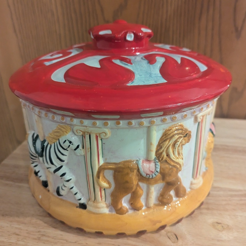 VTG Corning Factory Ceramic Carousel Cookie Jar Zebra CamelOstrich Giraffe Horse